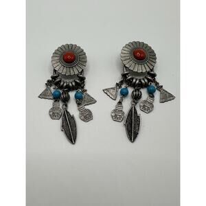 VTG Don-Lin Silver Tone Southwest Style Dangle Earrings 3.5”L